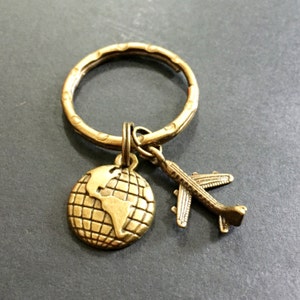 Airplane Keychain, Globe Keychain, Traveler Gift, Planet Earth, Earth Day, World Globe and Airplane, Antique Bronze Keychain, men&#39;s gift