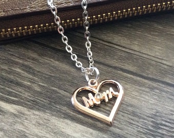 Mom Necklace, Mother's Day Gift, Heart Necklace, Rose Gold and Silver, Mother Heart Necklace - Mother's Day Gift - Mother's Daughter jewelry