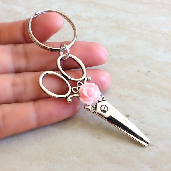 Scissors Keychain, Silver Scissors with Rose Keyring, Hair Stylist Gift, Hairdresser Jewelry, Seamstress Keyring, Cosmetologist Student gift