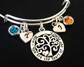 Engraved Mom Charm Bangle with Children Birthstones and Initials, mom bracelet, mom you are the heart of our family, Mother's Day best gift