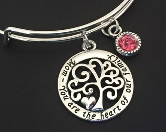 Engraved Mom Charm Bangle with Birthstone, mom bracelet, mom you are the heart of our family, Mother's Day gift,mom jewelry,  gift for mom