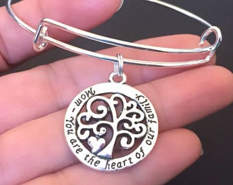 Mom Engraved Charm Bangle, mom bracelet, mom you are the heart of our family, Mother's Day, mom jewelry, Christmas Birthday gift for mom