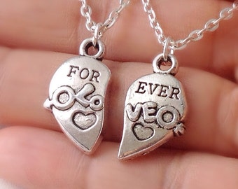 Set of Two Forever Love Half Heart Necklace, couples jewelry, matching necklaces, his and hers jewelry, split heart, Christmas  gift