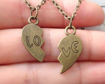 Set of Two Love Half Heart Necklace, couples jewelry, matching necklaces, His and Hers Jewelry, split heart necklaces, valentine's day gift