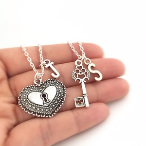 Set of 2 Initial Heart Lock and Key Necklace, Custom Key to my Heart Necklace Set, Friendship Necklaces, His And Hers Necklace, Couples Gift