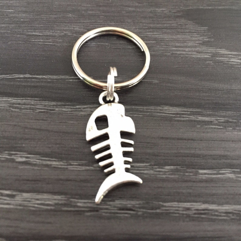 Fish Skeleton Keychain Silver Fish Bone Keyring or Purse