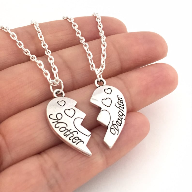 Mother Daughter Necklace Set Silver Heart Matching Necklaces Etsy