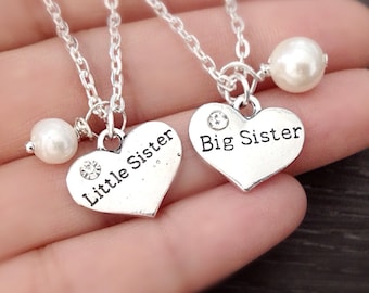 Little Sister Big Sister Necklaces with Freshwater Pearls, silver heart necklace, gift for sisters, matching necklaces, valentine's day gift