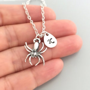Spider Necklace with Initial K, Halloween Jewelry, Arachnoid Jewelry, Custom Gift, Initial Necklace, Hand Stamped Jewelry, Spider Lover Gift