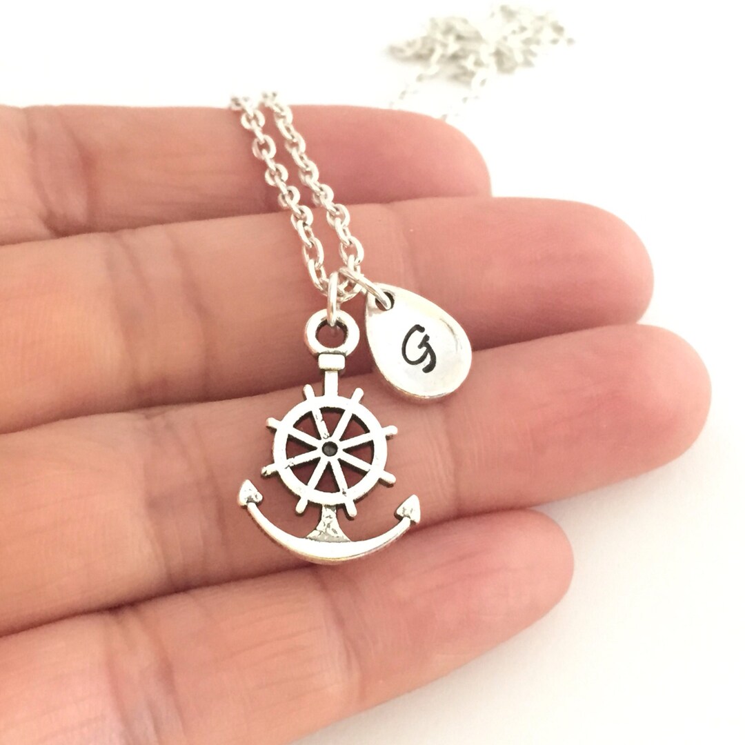 Initial Anchor & Helm Necklace, Ship Wheel Nautical Necklace, Bridal