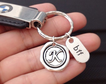 BFF Keychain Personalized with Initial, men's gift, best friend keychain, couples jewelry, wax seal initial keychain, Custom Keyring for bff