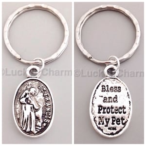 Silver St Francis of Assisi Keychain, Blessing of the Animals Keychain, Pet Protection Key Ring, Mascot Keychain, Personalized  Pet Keychain