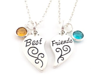 Birthstone  Best Friends Necklace Set, couples jewelry, split heart matching necklaces, friendship jewelry, best friend valentine's day gift