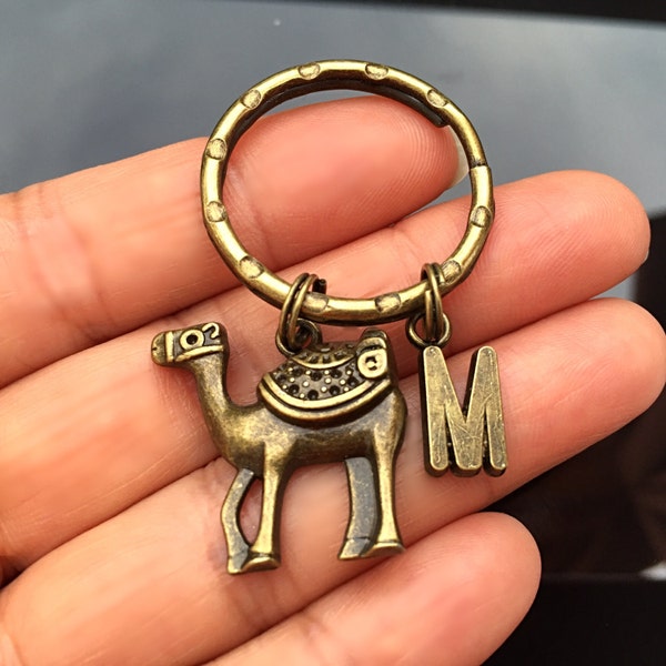 Camel Keychain with Letter M, Bronze Camel Keyring or Purse Charm, Arabian Theme Jewelry, Kids Birthday Party Favors, Camel Lover Gift