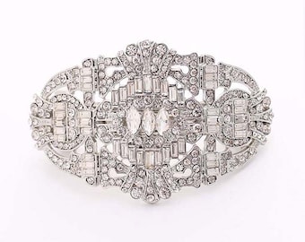 Crystal Silver Hair Barrette Art Deco Bridal Hair Clip Old Hollywood Wedding Accessories Rhinestone Hair Barrettes Headpiece Jewelry