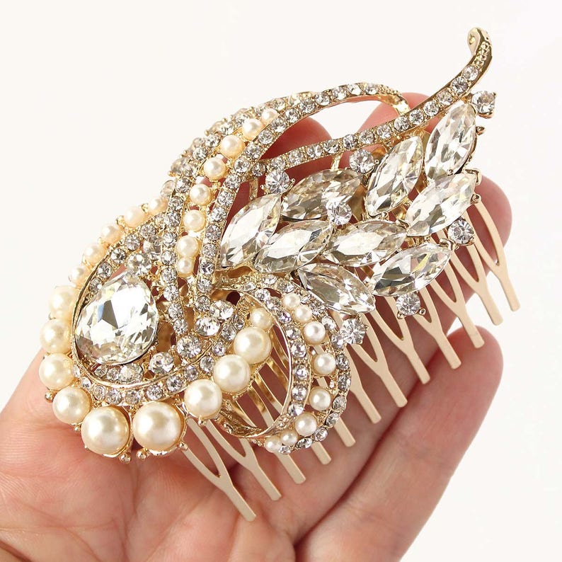 Vintage Wedding Hair Piece Gold Crystal Pearl Hair Comb Gold Bridal Comb Statement Bridal Hair Clip Rhinestone Wedding Hair Accessories