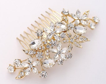 Gold Wedding Comb, Bride Hair Accessory, Crystal Hair Piece, Gold Statement Bridal Headpiece, Rhinestone Hair Combs Women, Gold Crystal Comb