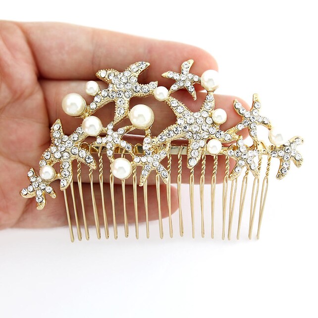 Beach Wedding Comb Gold Starfish Bridal Hairpiece Crystal Pearl