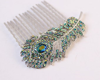 Peacock Wedding Hair Accessory, Rhinestone Peacock Feather Comb, Teal Blue Hair Pin, Prom Hairpiece, Bridal Hair Jewelry, Bridesmaid Gift