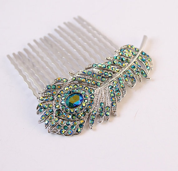 Teal Blue Peacock Feather Hair Comb Wedding Bridal Bridesmaid Etsy