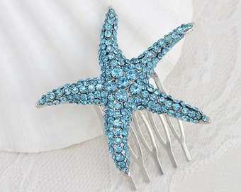 Rhinestone Starfish Comb | Beach Wedding Hair Accessories | Blue Crystal Bridal Headpiece | Rhinestone Combs | Bridesmaid Gift