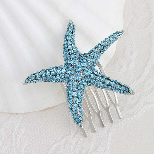 Rhinestone Starfish Comb | Beach Wedding Hair Accessories | Blue Crystal Bridal Headpiece | Rhinestone Combs | Bridesmaid Gift
