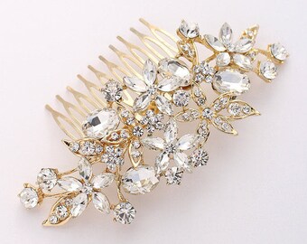 Large Rhinestone Comb, Gold Wedding Hair Accessories, Bridal Headpiece, Crystal Combs, Sparkly Hair Decoration