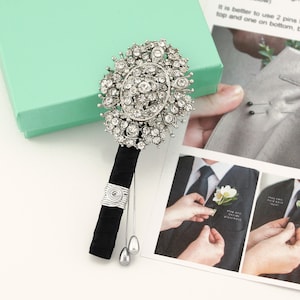Glam Wedding Brooch Boutonniere Groom Groomsmen Prom Mens Silver Diamante Boutonniere Pin Old Hollywood Wedding Rhinestone Accessory