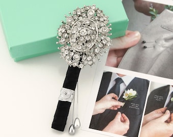 Diamante Wedding Boutonniere: Glam Silver Rhinestone Groom Accessory