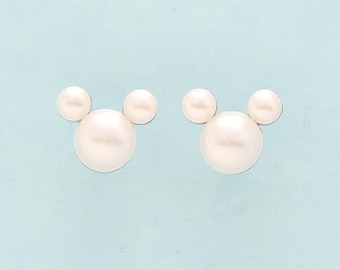 Pearl Mouse Ears Earrings, Destination Wedding Accessory, Pearl Bridal Bridesmaid Earrings Gift for Her, Pearl Earring Studs Jewelry