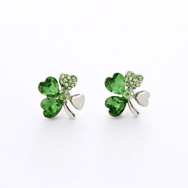 Lucky Clover Earrings, Green Stud Earrings, Crystal Green Four Leaf Clover Earrings, Clover Earrings Jewelry, Irish St Patricks Day Earrings