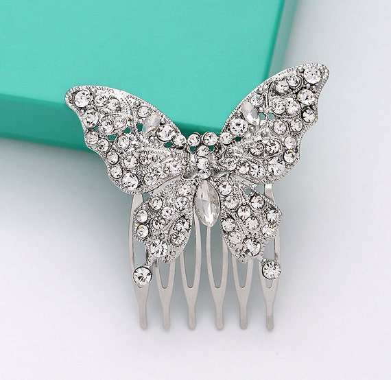 Butterfly Hair Comb Bridal Hair Piece Rhinestone Silver Etsy