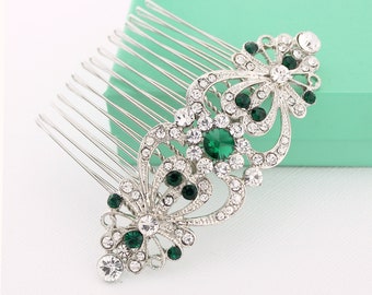 Bridal Emerald Green Comb, Headpiece Wedding Hair Accessory, Rhinestone Bridal Comb, Prom Bridesmaid Hair Piece, Green Crystal Combs