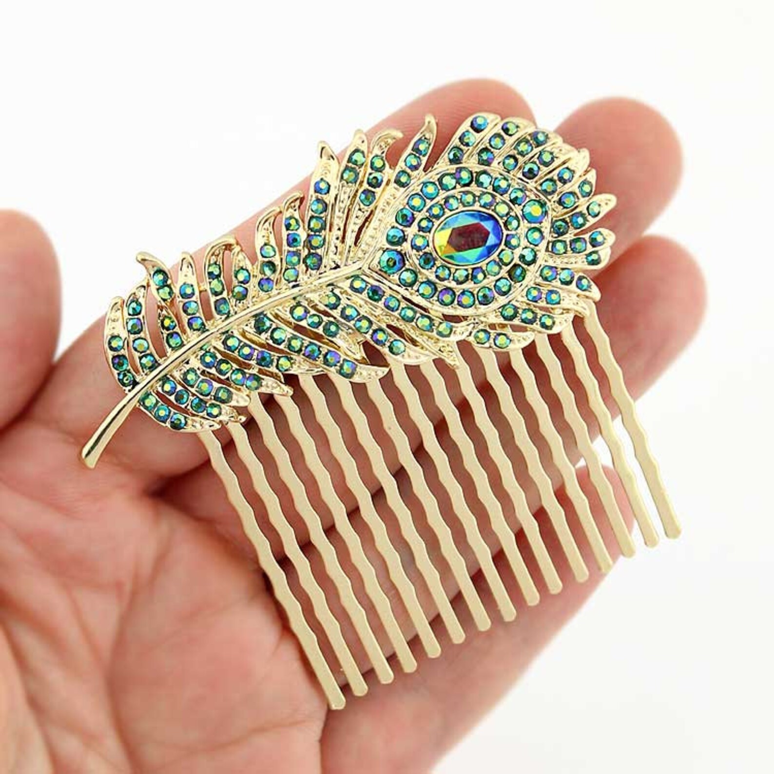 Teal Blue Peacock Feather Hair Comb Gold Wedding Bridal Etsy