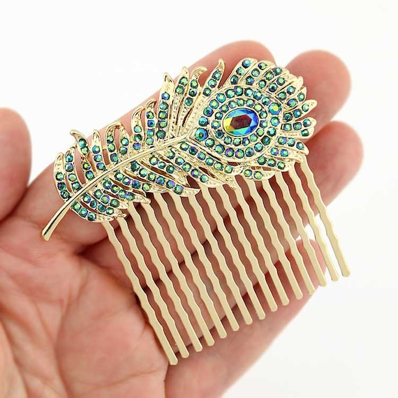 Teal Blue Crystal Peacock Feather Hair Comb: Gold Wedding  display picture 2
