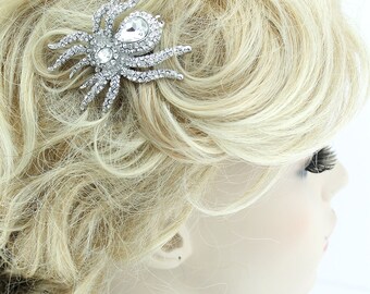Bridal Hair Accessory, Halloween Wedding Hairpiece, Silver Rhinestone Bridal Hair Clip, Crystal Spider Hair Comb, Halloween Hair Pin Jewelry