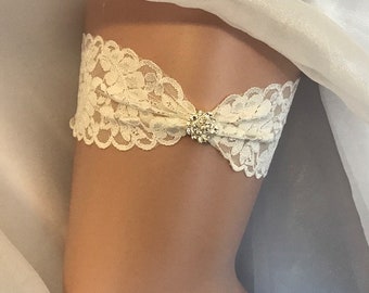 Lace Garter__ Ivory Wedding Garter with Rhinestone Button