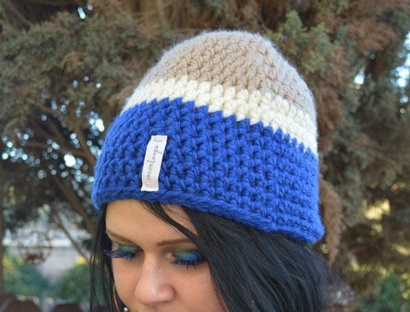 Color Block BEANIE - Hand Crocheted - Blue Beige White - Etsy display picture 3