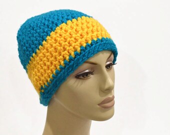 Blue Yellow Beanie Crocheted