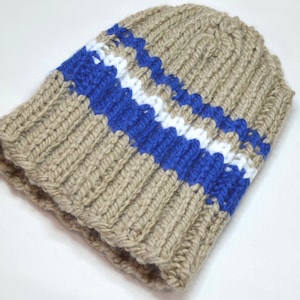 Hand Knitted BEANIE - Beige with Blue & White Stripes