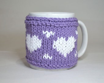 Coffee Cozy for Mug Cup handknit Purple LIlac with Hearts Great Lover's Gift for Valentines Day