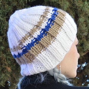 White Beanie with Tan & Blue Strips - hand knitted