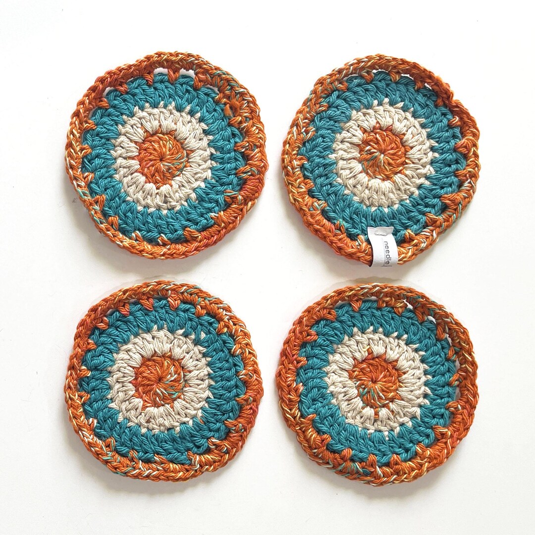 Crocheted Round COASTERS Set of 4 - Multicolor Orange Teal - Etsy