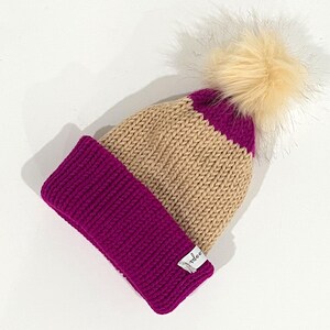 Two Colored Baby BEANIE with Pom Pom - Beige & Purple