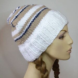 Slightly Slouchy BEANIE Hat - White with Stripes - hand knitted