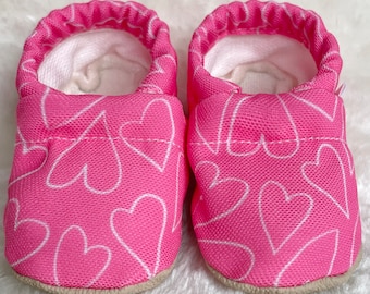 Hot Pink Hearts Baby Shoes | Organic Cotton Lined CLAMFEET Baby Booties | BARBIE