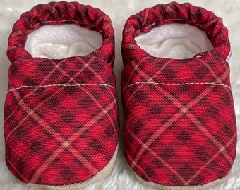 Red Plaid Christmas Baby Shoes | Organic Cotton Lined CLAMFEET Baby Booties | NOEL