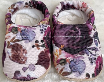 Purple and Off-White Floral Baby Shoes | Organic Cotton Lined CLAMFEET Baby Booties | ELIZABETH