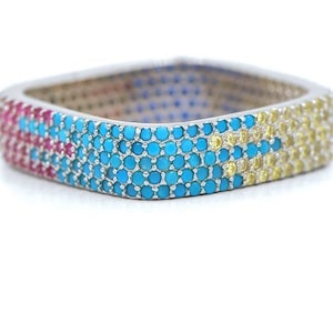 Multicolor Eternity-ring, zilveren Rainbow Eternity-band, volledige Eternity-band, vierkante vormring, unieke ring, regenboogring, veelkleurige ring