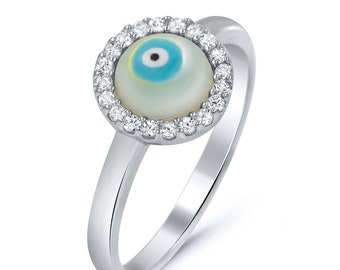 Nazar Evil Eye Ring Modern Evil Eye Ring Rainbow iridescent Ring Dichroic Glass Jewelry Cubic Zirconia Modern Ring Silver Ring